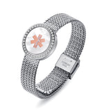 MD1436SS-CZ-MOP Medical ID Mother of Pearl Crystal Stainless Mesh Bracelet ~ Custom Engrave