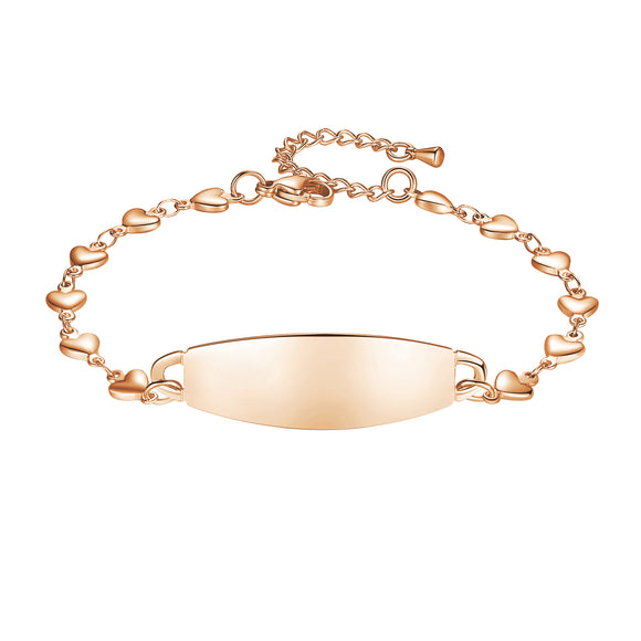 ID1374RG-CZ Rose Gold Heart Chain Bracelet CUSTOM ENGRAVE