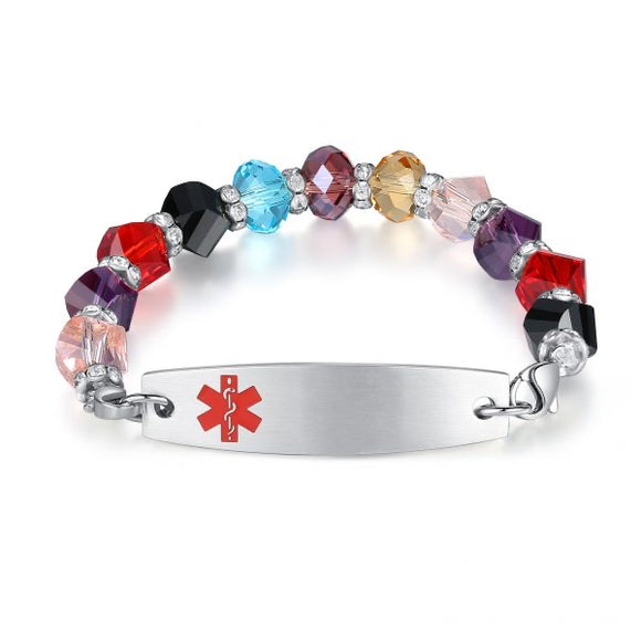 MD0189 Medical Alert Multi Colored Bead Stainless ID Bracelet CUSTOM ENGRAVE