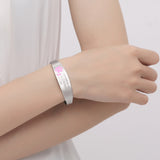 MD0990-SBP Lymphedema Alert No BP IV Medical ID Pink Ribbon Cuff Bracelet (Silver)