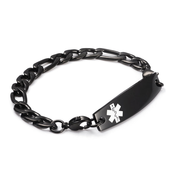 MD1351-B Medical Alert ID Black Stainless Figaro Chain Bracelet CUSTOM ENGRAVE