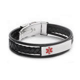 MD1382 CUSTOM ENGRAVE Black Braided Leather Medical ID Bracelet