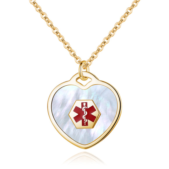 SP0167-MOP-G  Gold Heart Charm Medical ID Alert Necklace Custom Engrave