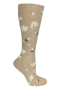 380-BDB  Bees & Daisies Beige Womens Premium Wool Compression Socks