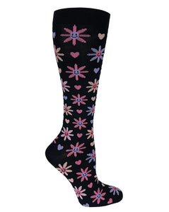 386-HFB Happy Flowers Black 15-18mmHG Compression Socks