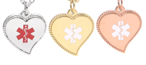 SP0176 Silver, Rose Gold, Gold Stainless Steel Medical ID Heart Charm CUSTOM ENGRAVE