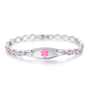 MD1447 Heart Medical ID & Crystal Stone Stainless Steel Link Bracelet ~ Custom Engrave