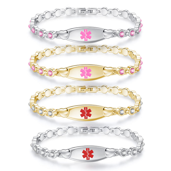 MD1447 Heart Medical ID & Crystal Stone Stainless Steel Link Bracelet ~ Custom Engrave