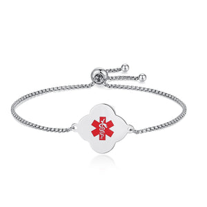 MD1524-SS Clover Shape Medical Alert ID Simple Rolo Chain Bracelet - CUSTOM ENGRAVE
