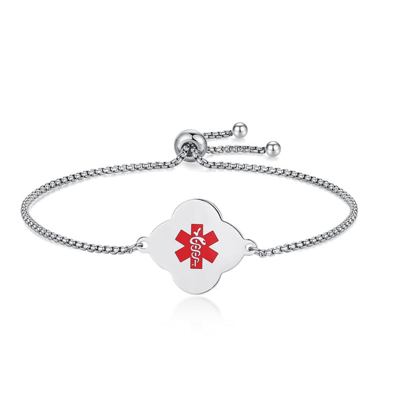 MD1524-SS Clover Shape Medical Alert ID Simple Rolo Chain Bracelet - CUSTOM ENGRAVE