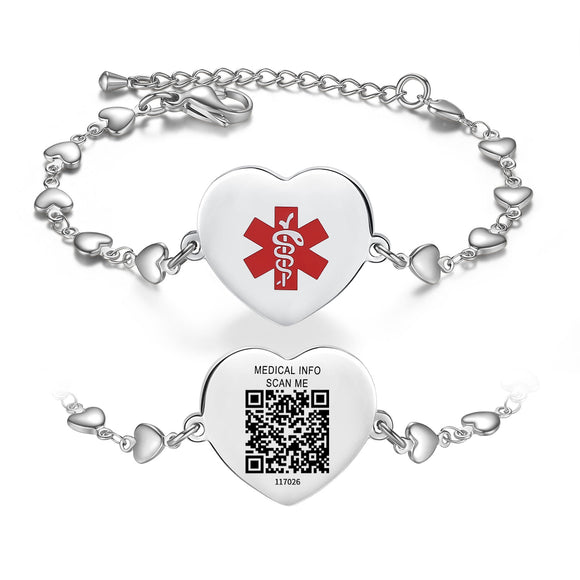 MD1537-QR Stainless Steel Silver Heart Medical ID Bracelet With QR Code