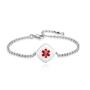 MD1542-SS Diamond Shape Medical Alert ID Simple Rolo Chain Bracelet - CUSTOM ENGRAVE