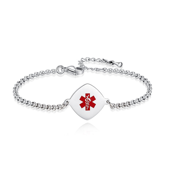 MD1542-SS Diamond Shape Medical Alert ID Simple Rolo Chain Bracelet - CUSTOM ENGRAVE