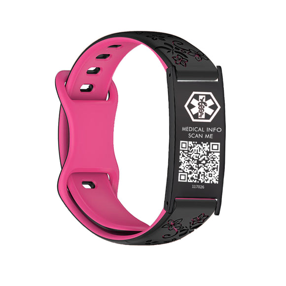 MD1558-QR Womens Floral Silicone Medical ID Bracelet With QR Code ~ 7 Color Choices