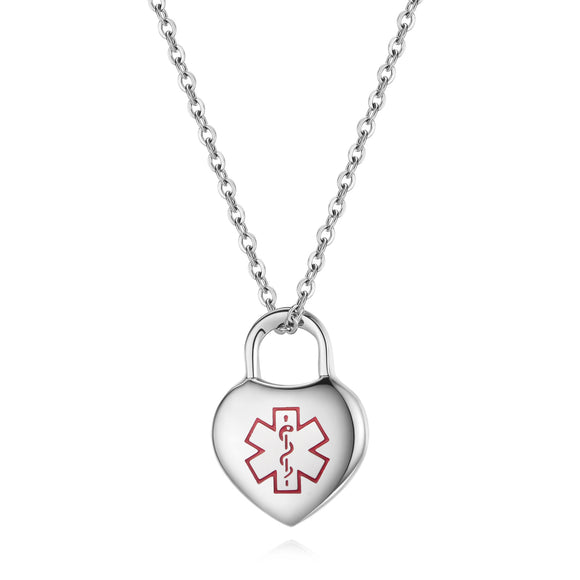 MP0263-SS Stainless Steel Medical ID Heart Charm And Necklace Custom Engrave