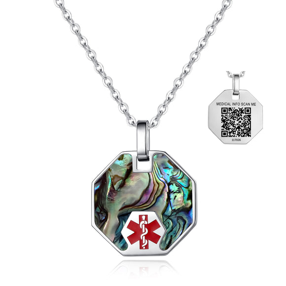 MP0270-AB-QR Stainless Silver Abolone Medical ID Necklace With QR Code
