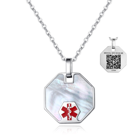 MP0270-MOP-QR Stainless Silver Mother of Pearl Medical ID Necklace With QR Code