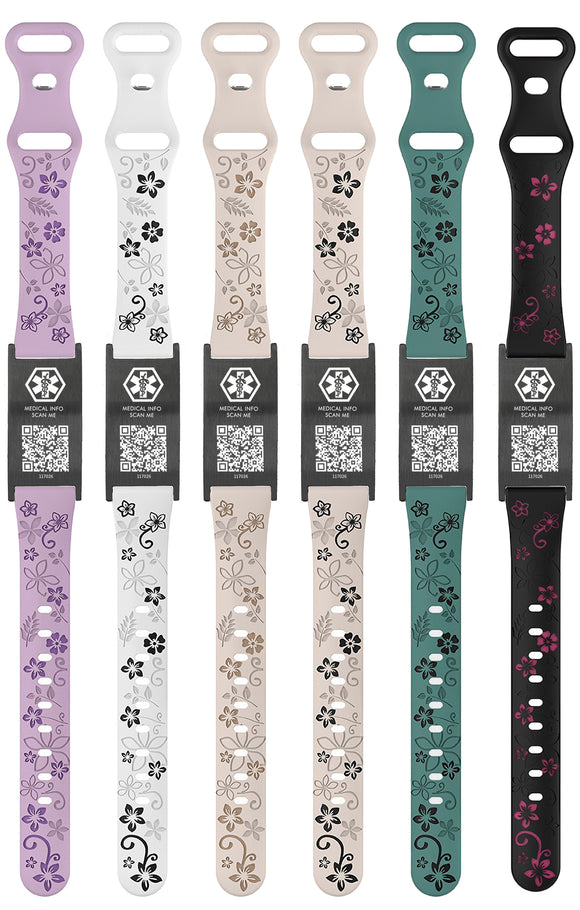 MD1558-QR Womens Floral Silicone Medical ID Bracelet With QR Code ~ 9 Color Choices