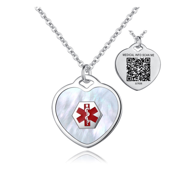 SP0167S-MOP-QR Stainless Silver Heart Mother of Pearl Medical ID Necklace With QR Code