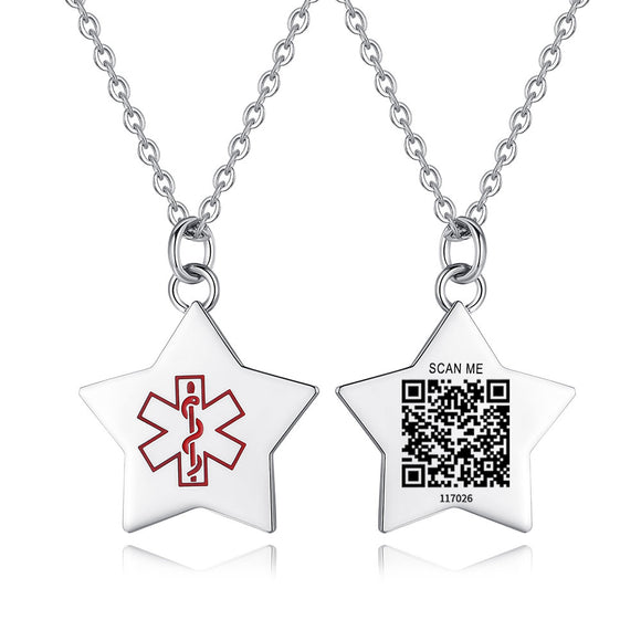 SP0171-QR Stainless Steel Silver Star Medical ID Necklace With QR Code