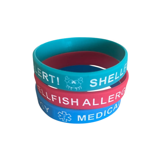 SIL-38 Kids Youth Shellfish Allergy Medical Alert Silicone Bracelet Lot of 3