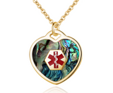 SP0167G-ABALONE Gold Heart Charm Medical ID Alert Necklace ~ Custom Engrave