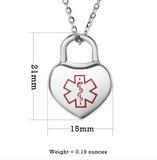 MP0263 Stainless Steel Medical ID Heart Charm Necklace ~ Custom Engrave