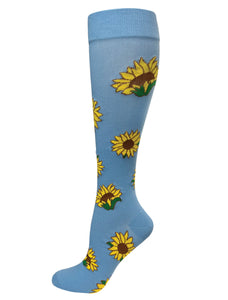 399-SUB Large Calf Compression Socks Sunflowers on Blue