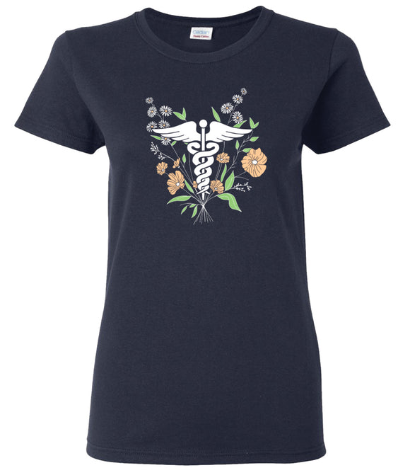 811-CFN Caduceus & Flowers on Navy Ladies T Shirt