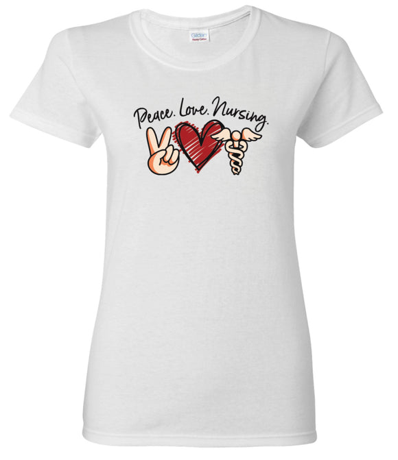 811-PLW Peace, Love & Nursing on White Ladies T Shirt