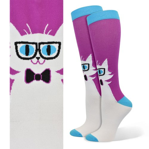 TM92034 Cat With Glasses Purple 10-14mmHG Compression Socks