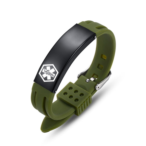 AM1443BGR Green Silicone Stainless Medical ID Bracelet Custom Engrave
