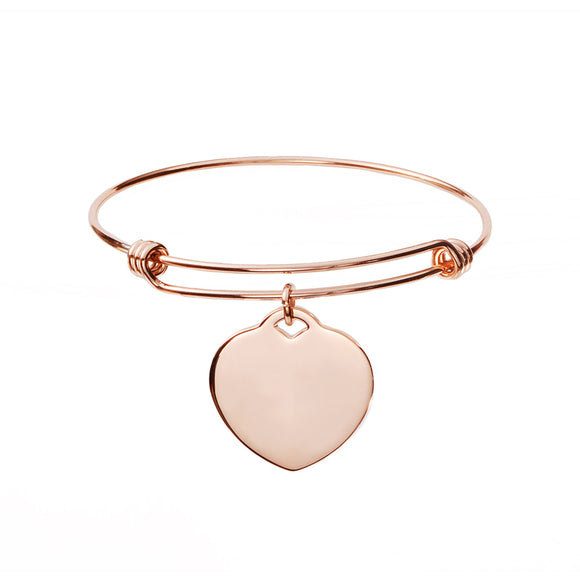 ID-0018RG-CZ Rose Gold Heart Charm Bangle Bracelet Custom Engrave