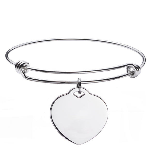 ID-0018SS-CZ Heart Charm Bangle Bracelet Custom Engrave