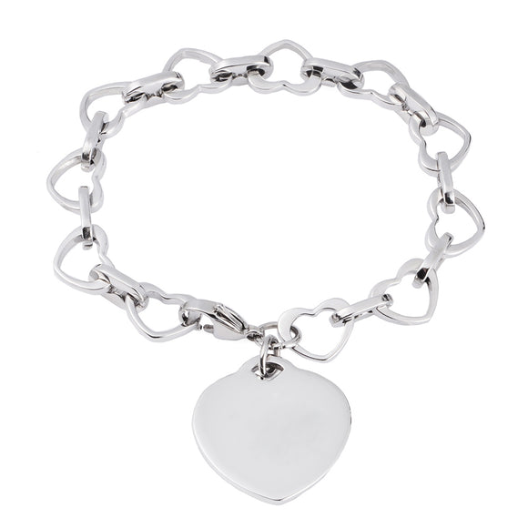 ID-0021CZ Stainless Steel Open Heart Charm Bracelet Custom Engrave