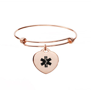 MD0018RG Rose Gold Heart Charm Bangle Medical Id Bracelet Custom Engrave