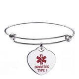 MD-0018SS Diabetes T1 & T2, Lymphedema Heart Charm Bangle Medical Id Bracelet
