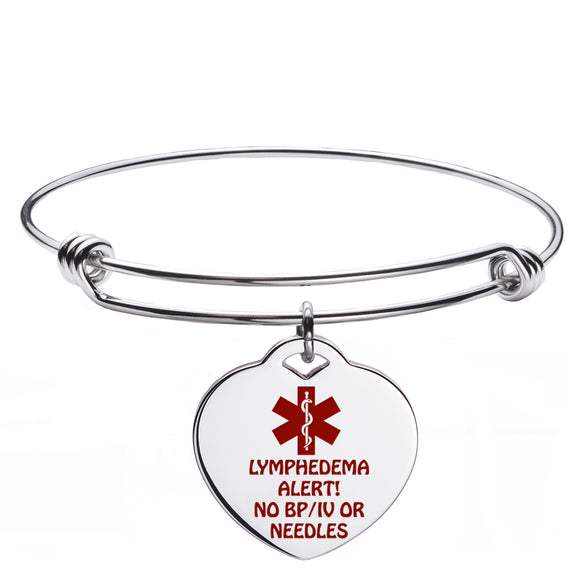 MD-0018SS Diabetes, Blood Thinner, Lymphedema Heart Charm Bangle Medical Id Bracelet