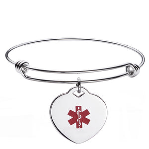 MD0018SS Heart Charm Bangle Medical Id Bracelet Custom Engrave