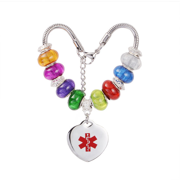 MD0019 Glass Beaded Heart Charm Medical Id Bracelet Custom Engrave