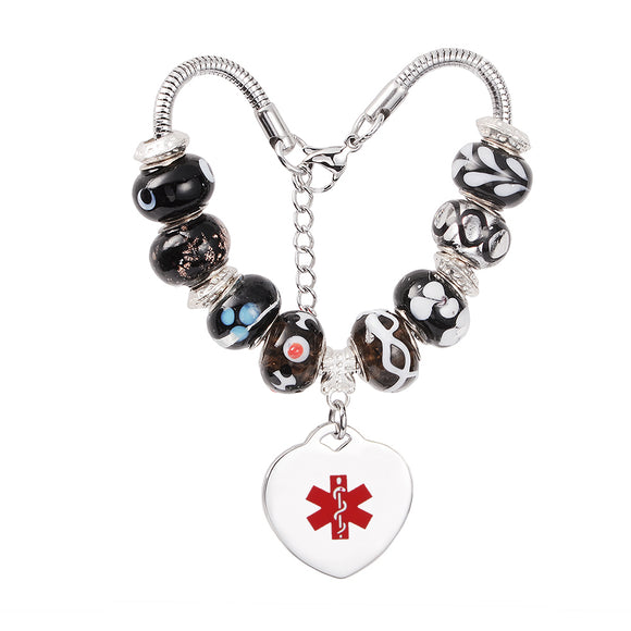 MD0020 Glass Beaded Heart Charm Medical Id Bracelet Custom Engrave