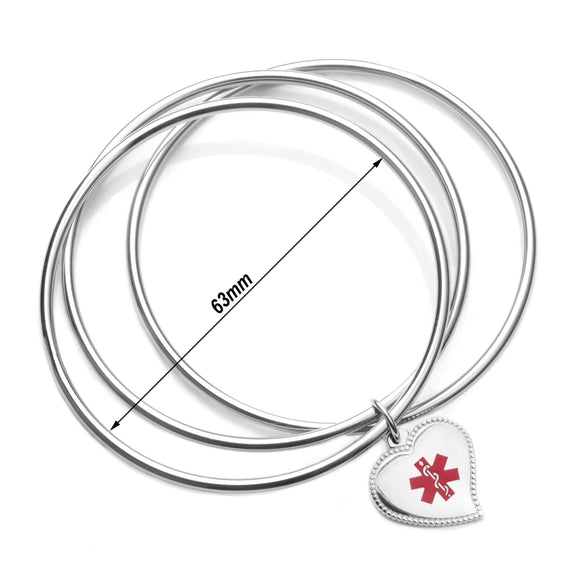 MD0149SS Stainless Heart Charm Triple Bangle Medical Id Bracelet Custom Engrave