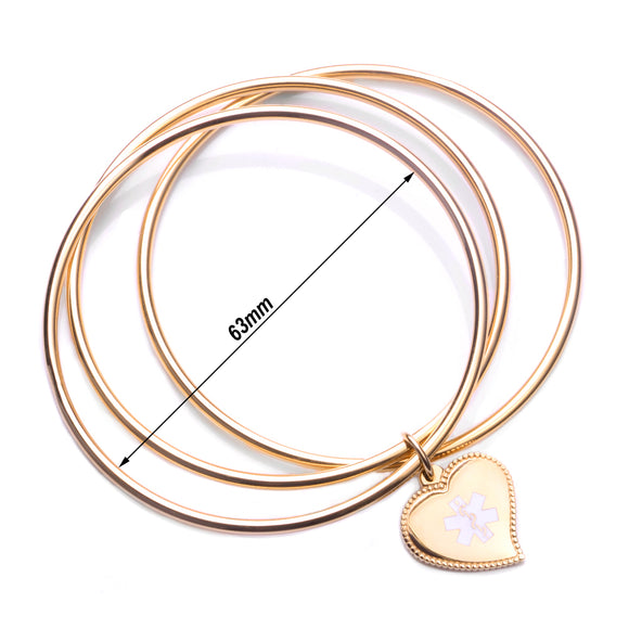 MD0149GD Gold Stainless Heart Charm Triple Bangle Medical Id Bracelet Custom Engrave