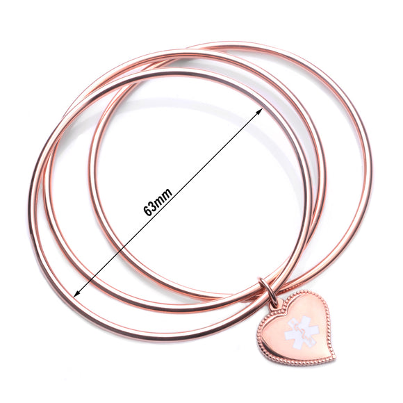 MD0149RG Rose Gold Stainless Heart Charm Triple Bangle Medical Id Bracelet Custom Engrave