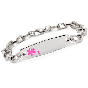 MD0201-PR Medical ID Stainless Steel Pink Ribbon Heart Bracelet CUSTOM ENGRAVE