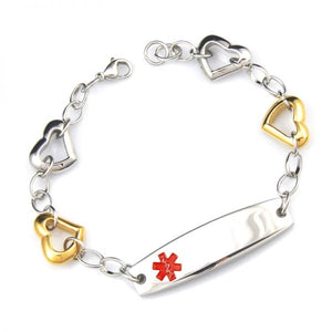 MD0240 Medical Alert ID 2 Tone Stainless Open Heart Bracelet CUSTOM ENGRAVE