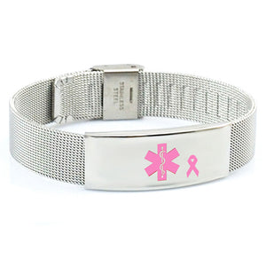 MD0413-PR Pink Ribbon Medical ID Stainless Steel Mesh Bracelet Custom Engrave