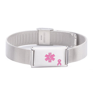 MD0665 Medical ID Pink Ribbon Stainless Steel Mesh Bracelet Custom Engrave