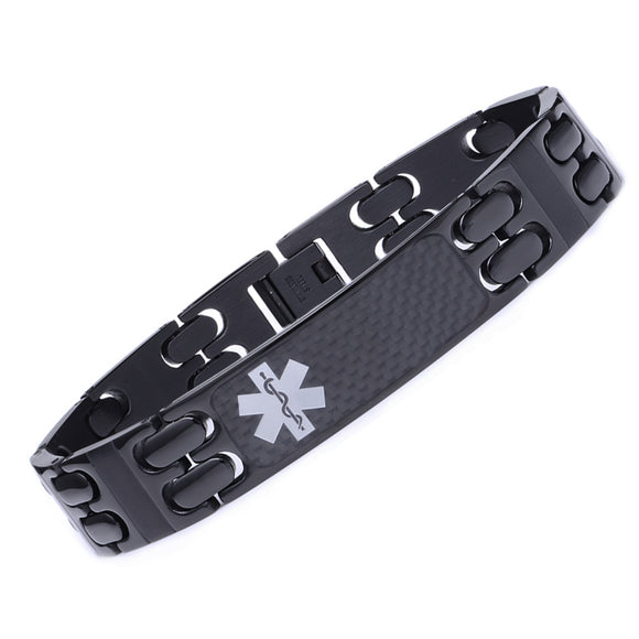 MD0748-CB Stainless & Black Carbon Fiber Medical Alert Id Bracelet Custom Engrave