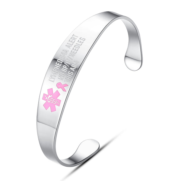 MD0990-SBP Lymphedema Alert No BP IV Medical ID Pink Ribbon Cuff Bracelet (Silver)